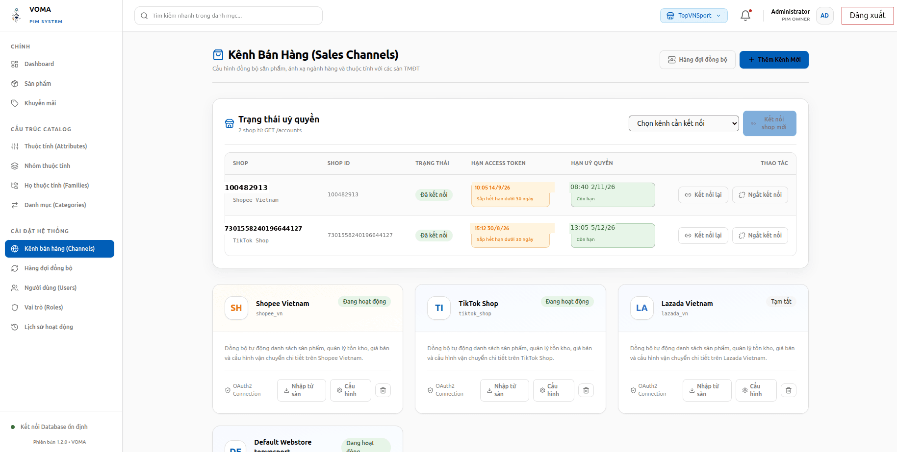 Màn hình Kênh bán hàng của VOMA, hiển thị trạng thái kết nối và uỷ quyền với Shopee Vietnam, TikTok Shop và Lazada Vietnam